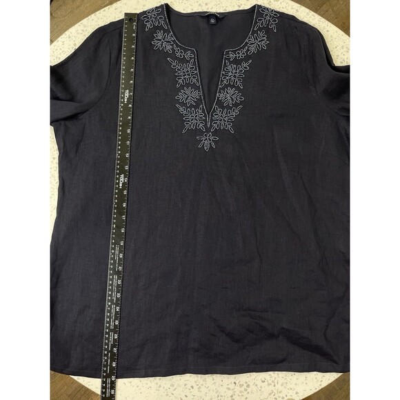 LANDS END Women’s Large 100% Linen Beaded Neckline Popover Tunic Top Bust Navy - Picture 8 of 12